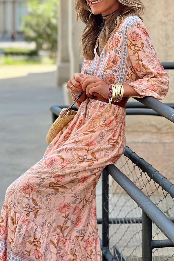 Pink V Neck Ruffle Maxi Dress