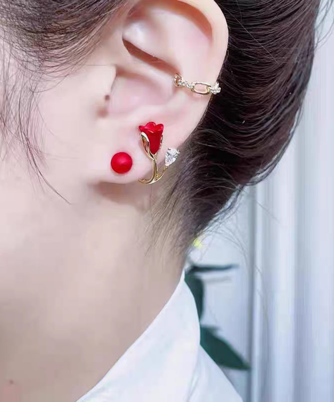 Vogue Red Alloy Zircon Dripping Glaze Pearl Stud Earrings
