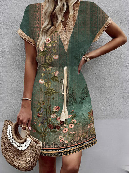 A-line Loose Elasticity Flower Print Hollow Split-joint Tasseled Tied Waist V-neck Mini Dresses