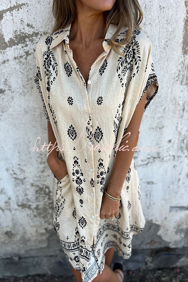 Linen Blend Unique Print Lapel Pocket Mini Dress