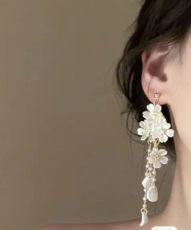 Diy White Alloy Pearl Tassel Drop Earrings