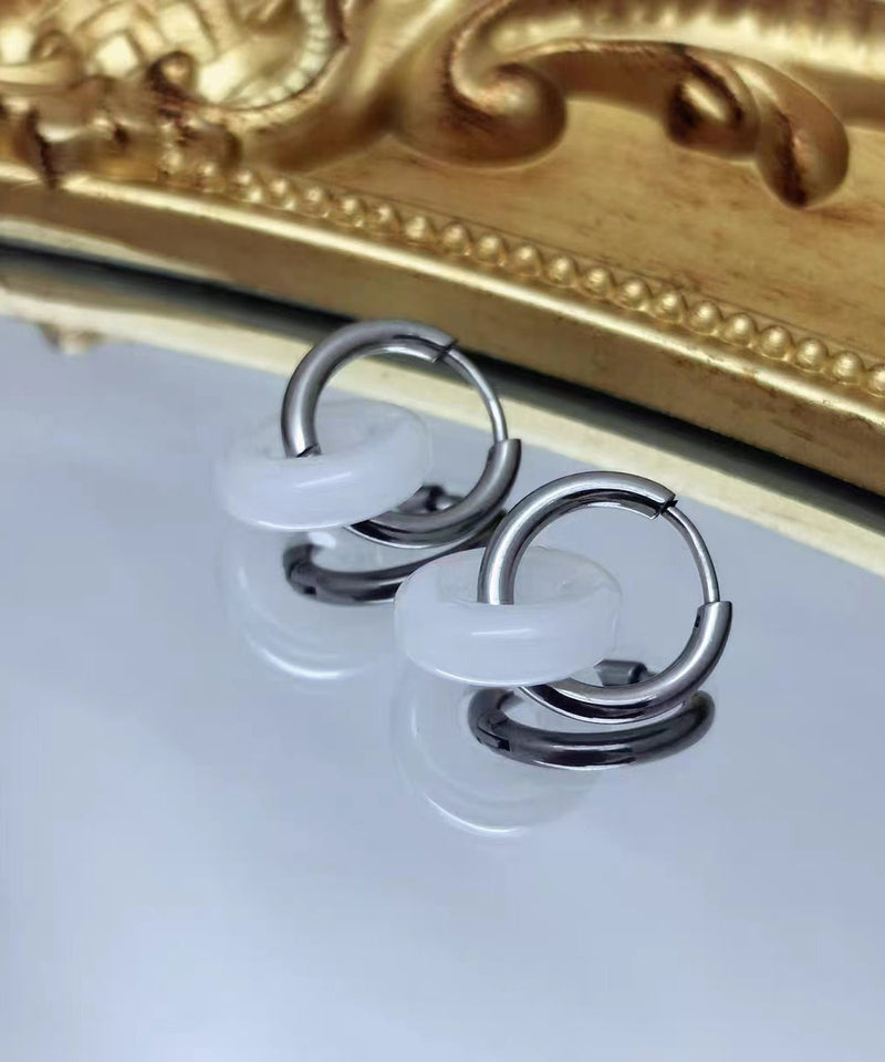 Diy White Sterling Silver Inlaid Jade Hoop Earrings