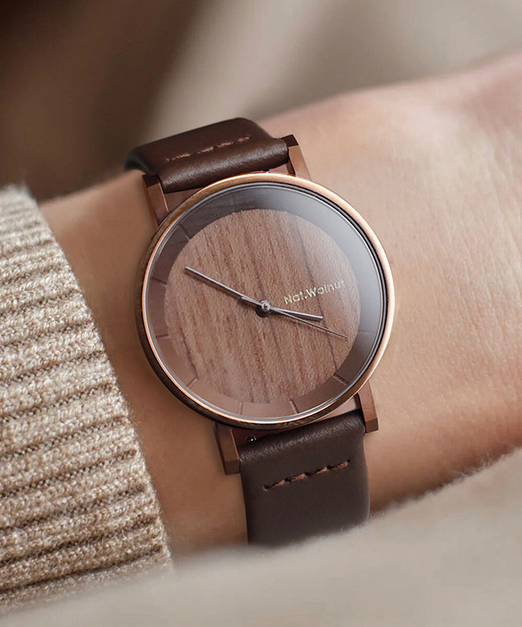 Brown Genuine Leather Inlaid Wooden Quartz Movement Watch