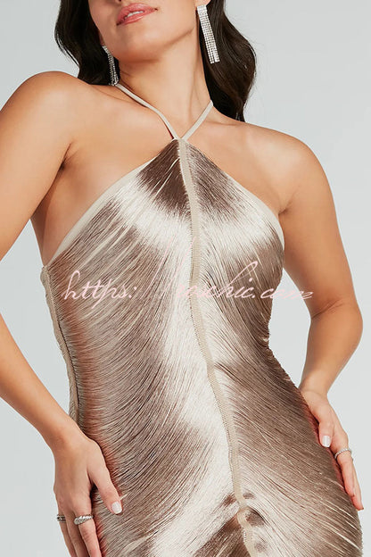 Allnight Metallic Halterneck Backless Fringed Slit Maxi Dress