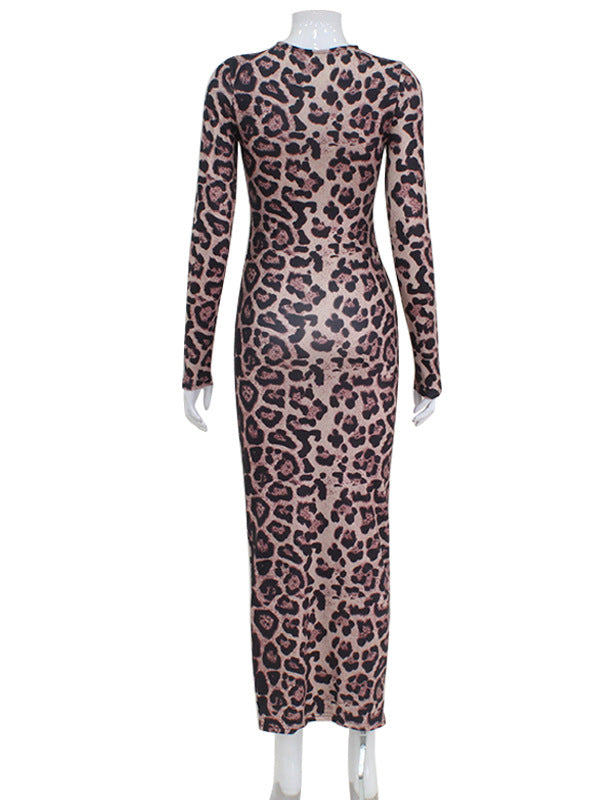 Bodycon Long Sleeves Leopard Printed Round-neck Maxi Dresses