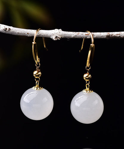 Simple Gold 18k Gold Inlaid Sheep Fat Jade Ball Drop Earrings