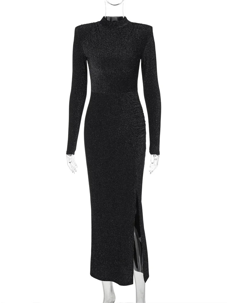Black Sequin Slim Maxi Dress ’s High Waist Party Dress Clothes Shiny Commute Gown Autumn Female Long Dress