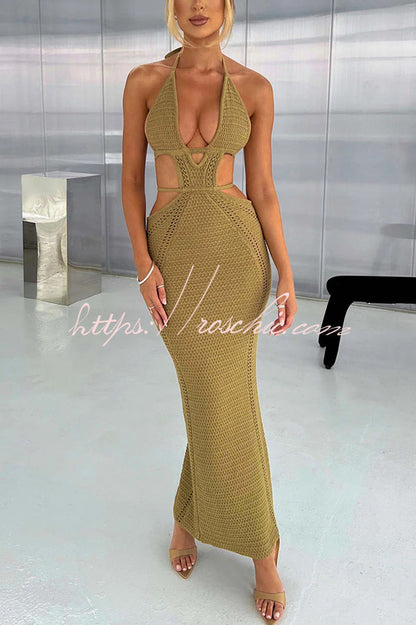 Effortlessly Cool and Knit Crochet Cutout Halter Tie-up Stretch Maxi Dress