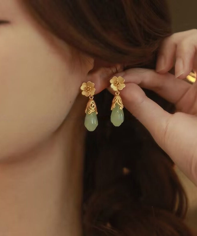 Chinese Style Gold Copper Alloy Jade Water Droplet Drop Earrings