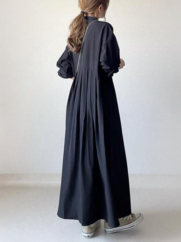 Long Sleeves Loose Pleated Color Split-joint Round-neck Maxi Dresses Shirt Dress