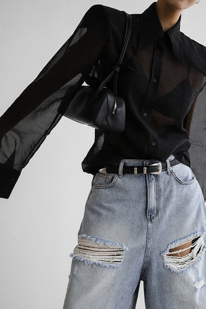 Mesh Sheer Long-sleeve Loose Blouse