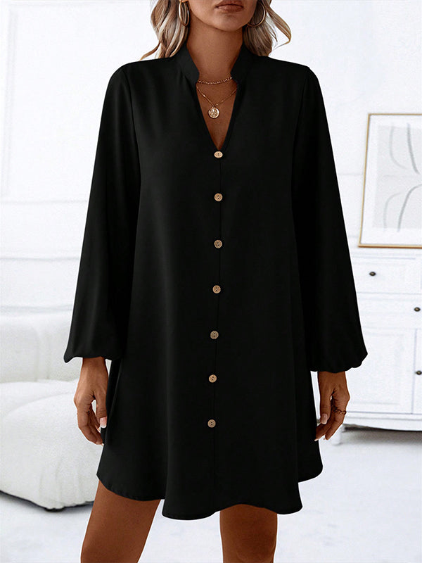 A-line Long Sleeves Buttoned Color V-neck Mini Dresses