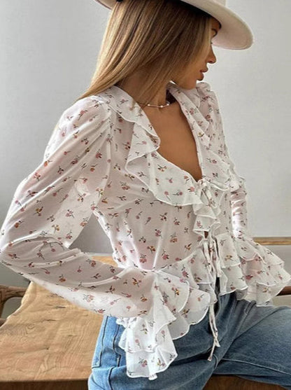 Ruffled V-neck Slim Fit Blouse