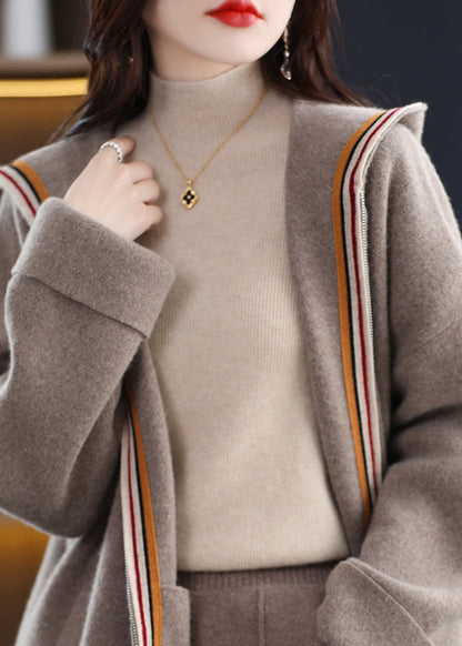 Unique Beige Zippered Patchwork Cozy Woolen Hoodie Cardigans Winter Wv020
