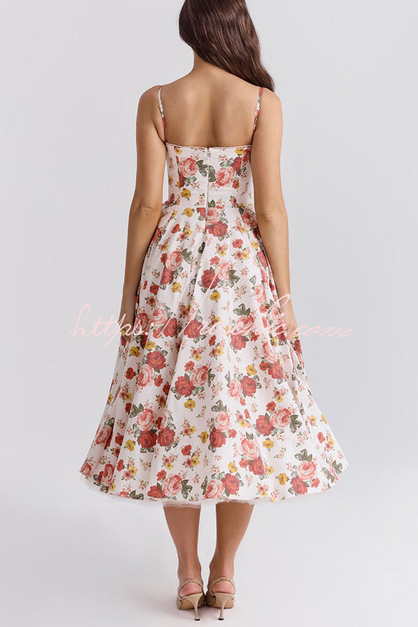 Fairy Tale Italian Rose Print Tulle Pocketed Slip Midi Dress