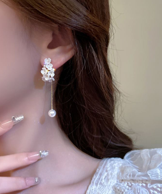 Fine White Copper Alloy Zircon Pearl Tassel Drop Earrings