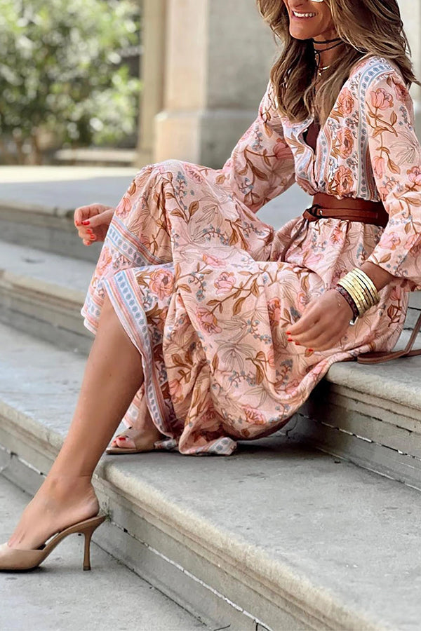 Pink V Neck Ruffle Maxi Dress