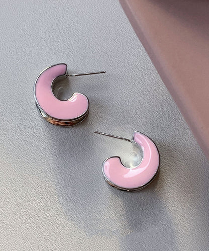Pink Sterling Silver C-shaped Drip Glaze Hoop Earrings