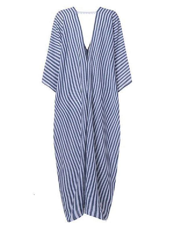 Batwing Sleeves Loose Striped V-back Deep V-neck Maxi Dresses