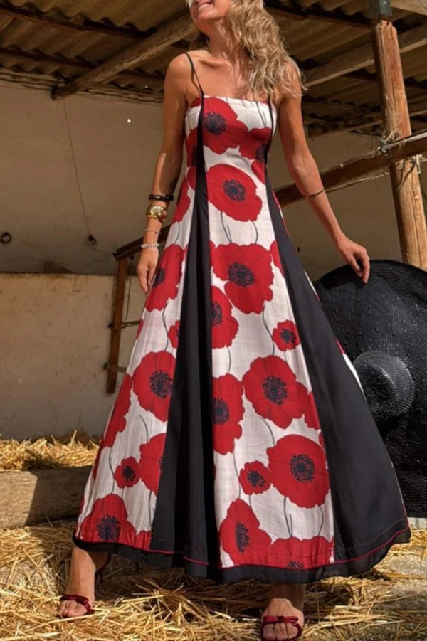 Print Suspenders Paneled Back Pleated Maxi Dress