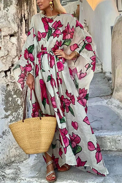 Print Dolman Sleeve Belted Loose Maxi Dress