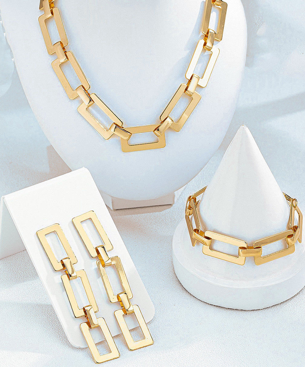 Gold Copper Alloy Chain Drop Earrings, Bracelet and Lariat Necklace Three-piece Set