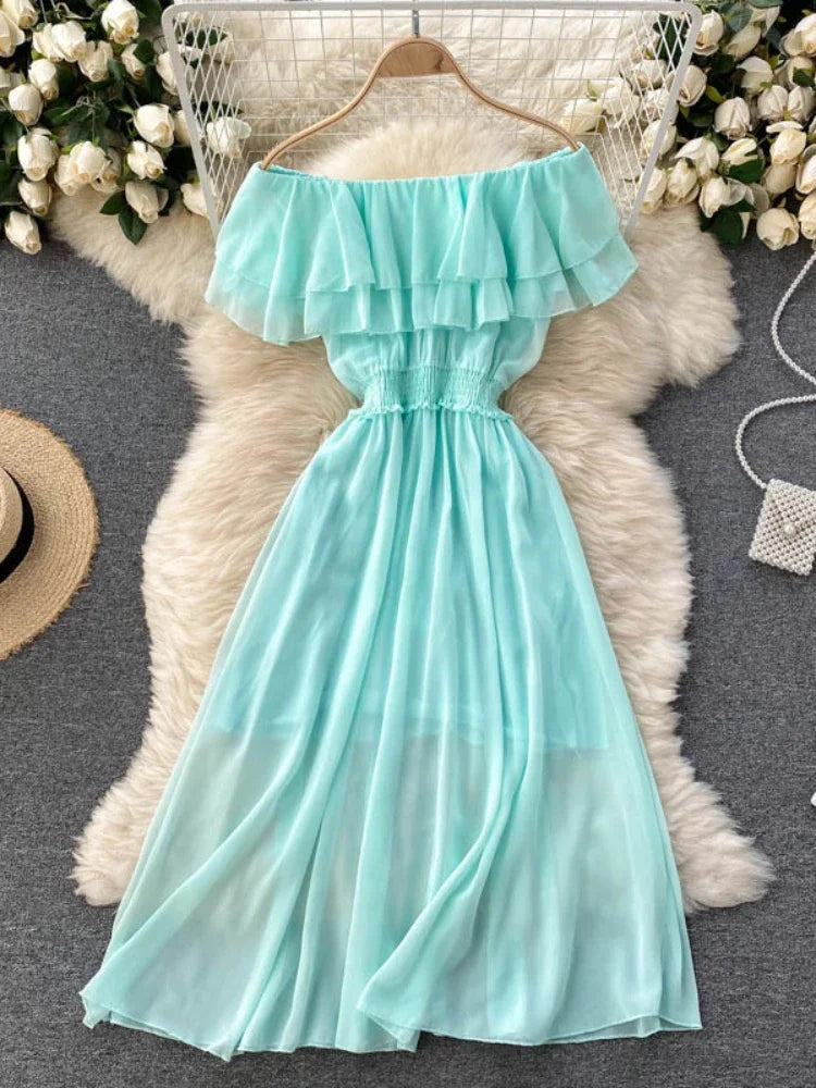 Chiffon Beach Dress Double Layer Ruffled Off the Shoulder Dresses Sweet Slash Neck Long Dress