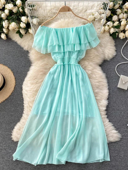 Chiffon Beach Dress Double Layer Ruffled Off the Shoulder Dresses Sweet Slash Neck Long Dress
