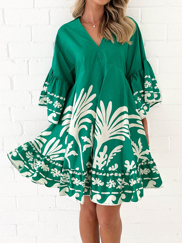 A-line Flared Sleeves Flower Print Pleated Split-joint V-neck Mini Dresses