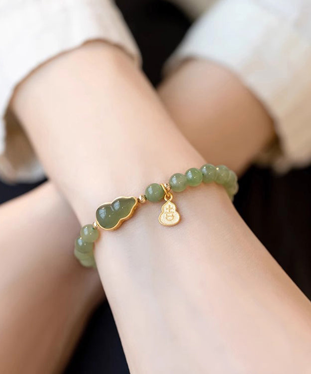 Diy Green Sterling Silver Jade Gourd Two Piece Set Charm Bracelet