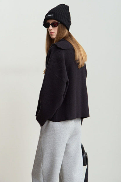 Naval-collar Zip Lazy-style Thick Knit Cardigan