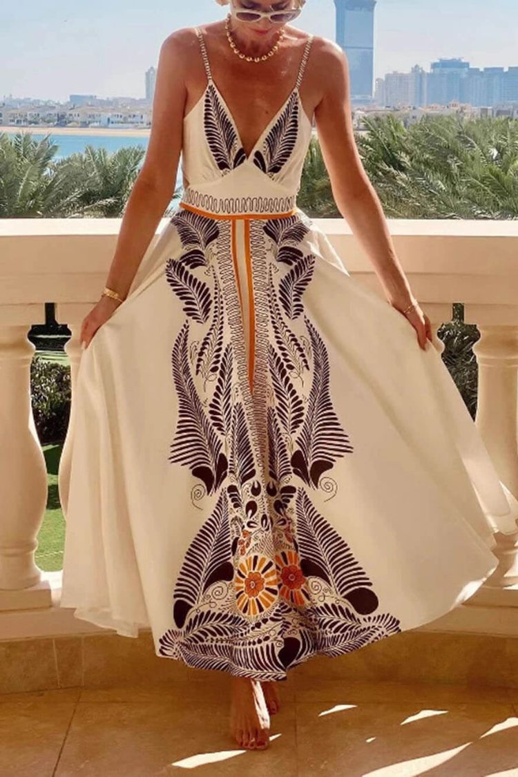 Classic Unique Printed Iinen V-neck Bow Tie Waist Maxi Dress