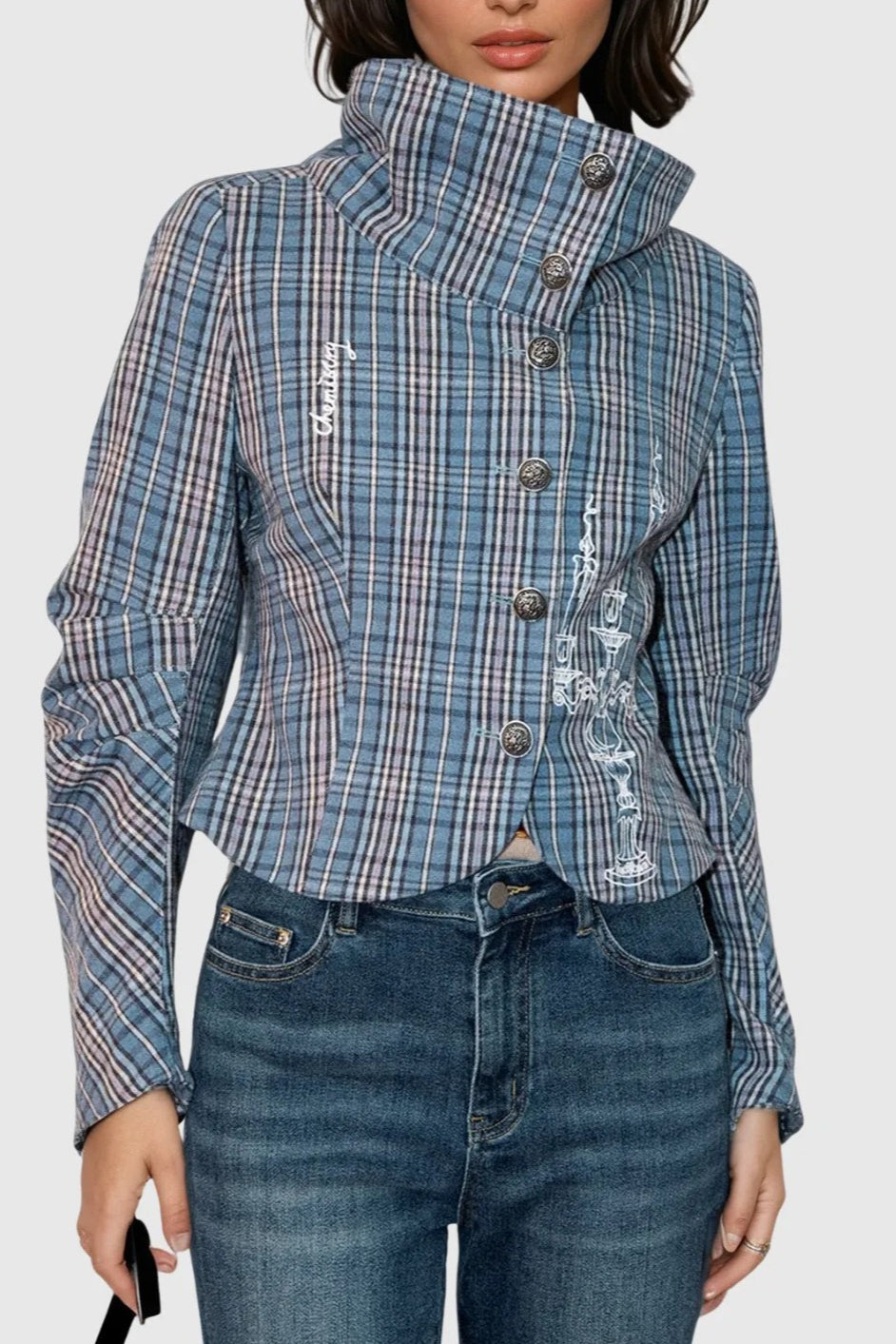 Stand Collar Plaid Button Blouse