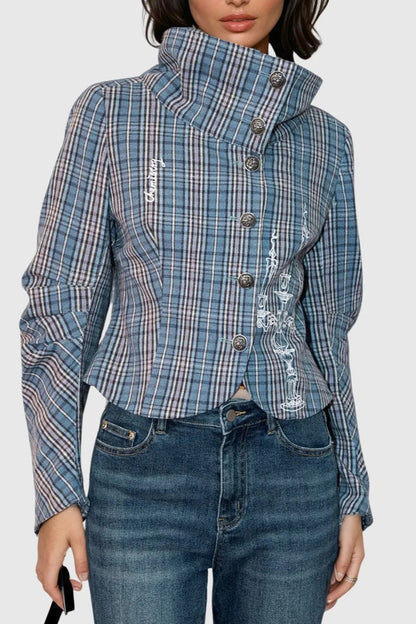 Stand Collar Plaid Button Blouse