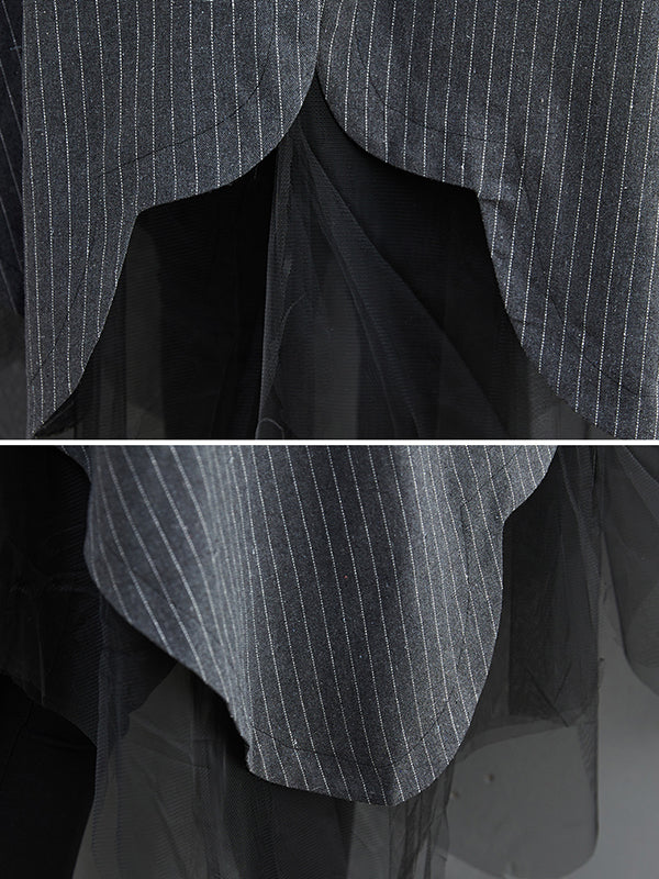 Loose Striped Gauze Split-joint Lapel Long Dress