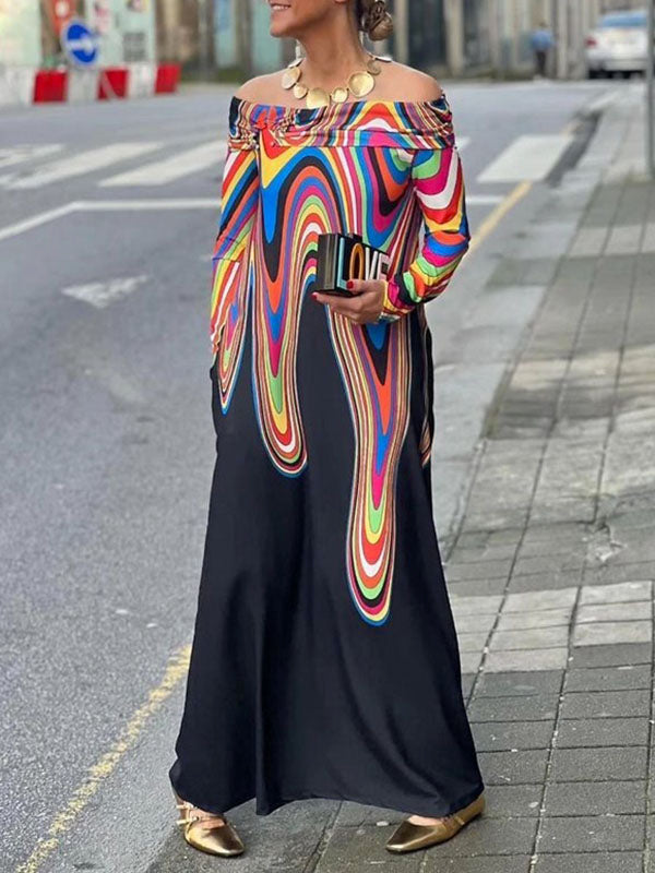 Long Sleeves Colorful Contrast Color Printed Off-the-shoulder Maxi Dresses