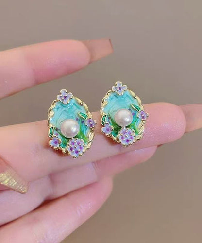 Art Blue Copper Pearl Dripping Glaze Stud Earrings