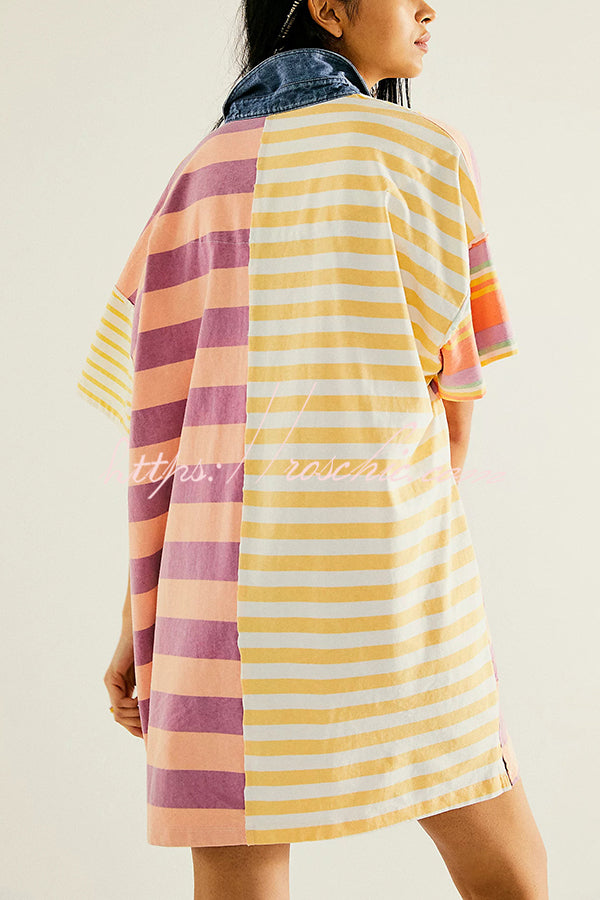 Contrast Striped Patchwork Denim Lapel Loose Mini Dress