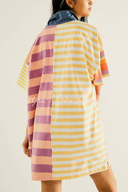 Contrast Striped Patchwork Denim Lapel Loose Mini Dress