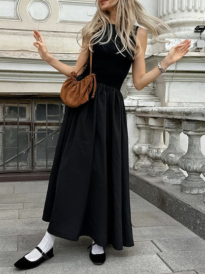 A-line Sleeveless Color Split-joint Round-neck Maxi Dresses