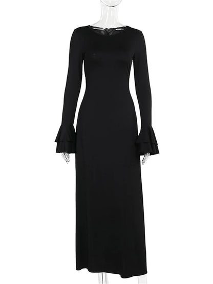 Ruffled Lace-up Long Dress Female Slim Long Sleeve High Waist Party Dress Autumn Maxi Dress