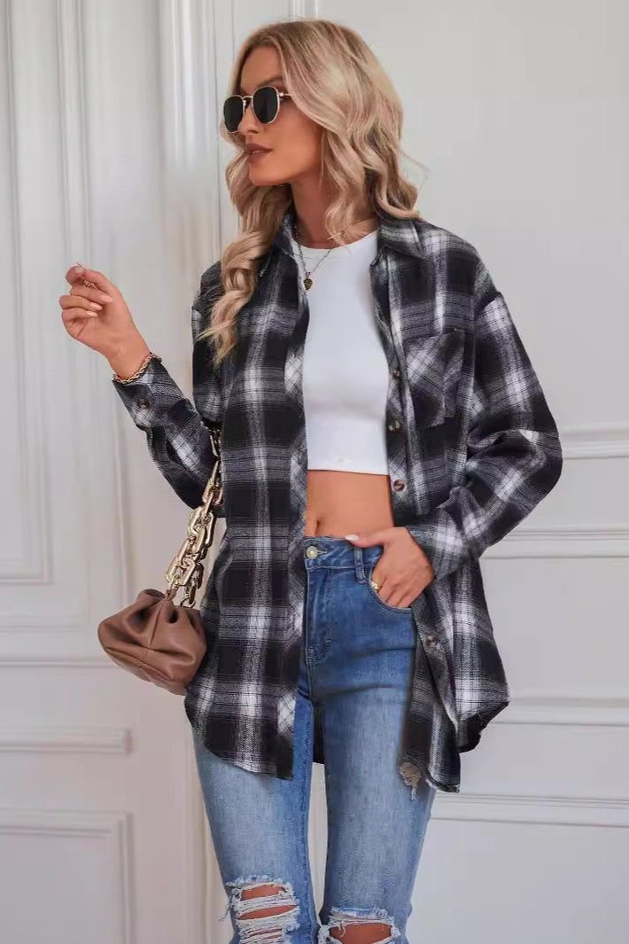Boyfriend Fit Plaid Collared Blouse