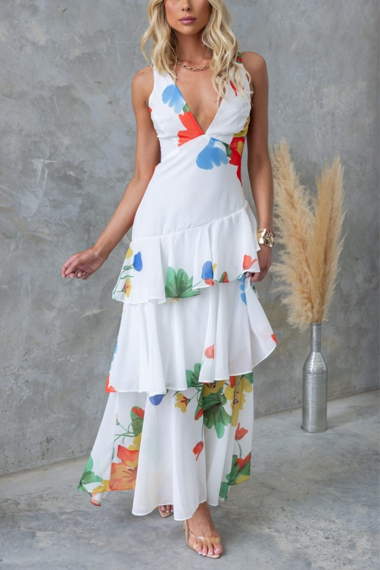 Refreshing Print Back Lace-up Multi-teir Ruffle Hem Maxi Dress