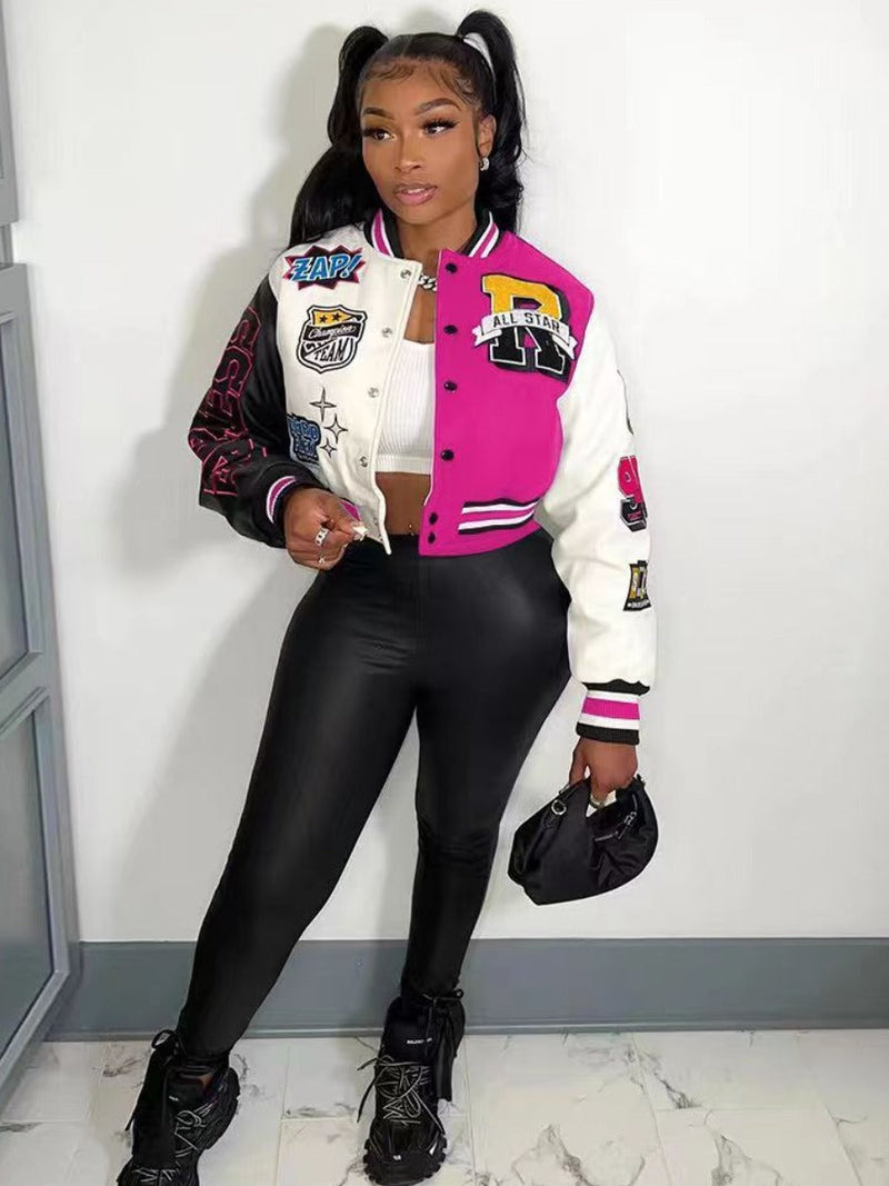 Letter Print Varsity Jacket Pants Set Ar50107
