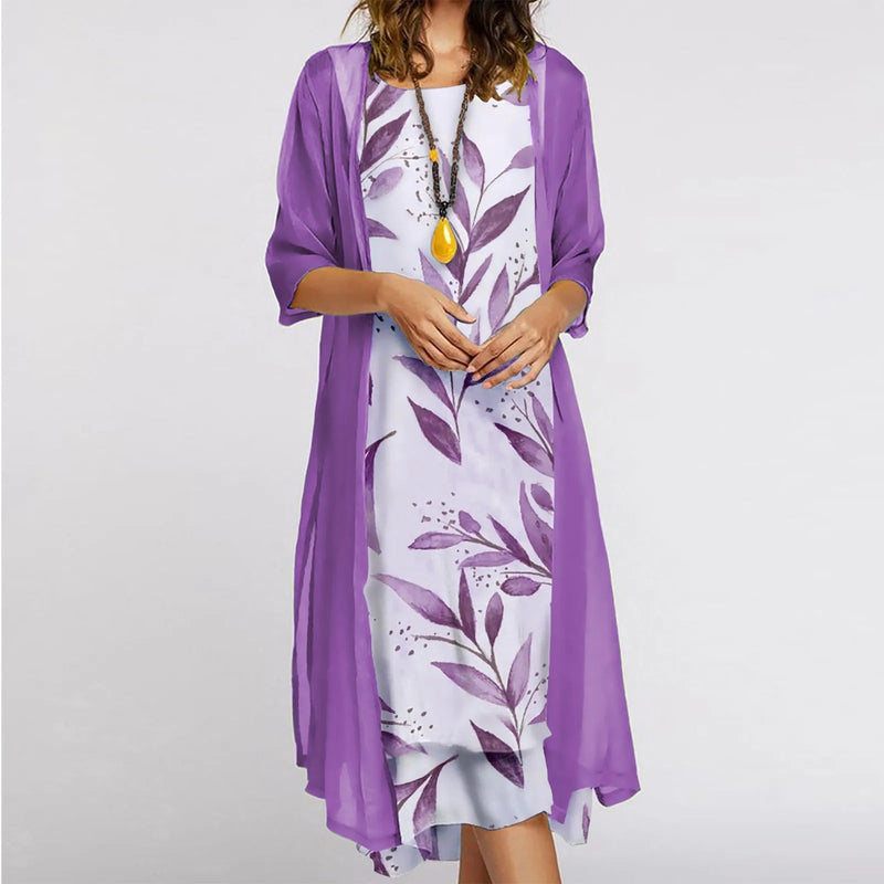 Kaftan Flower Ink Painting With Cardigan Shawl Sets Tunic Dress