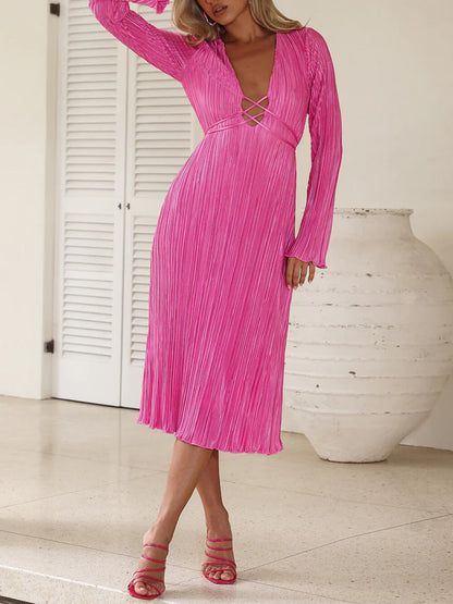 Mountain Vistas Draped Pleated Bell-sleeve Midi Dress