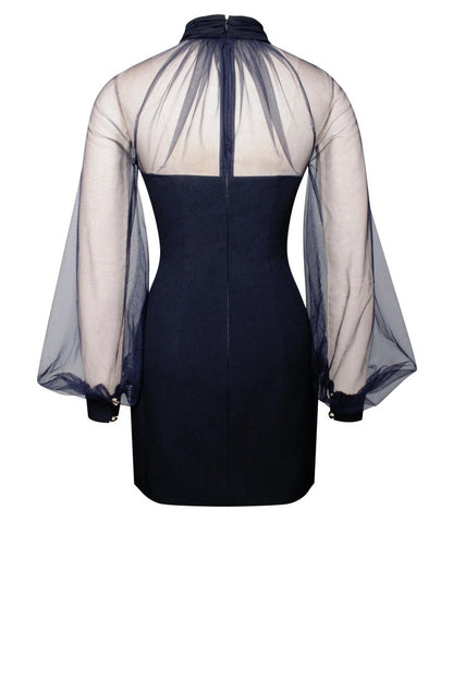 Tabitha Navy Blue Mesh Lantern Sleeve Mini Dress