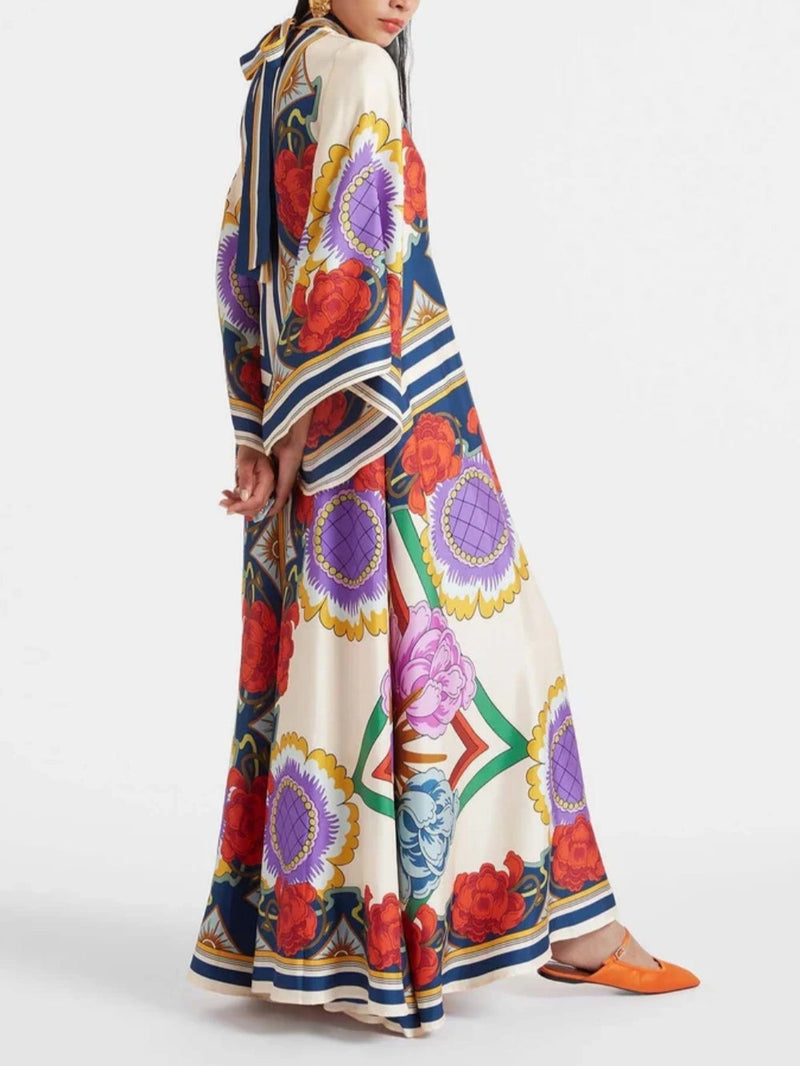 Exquisite Print Draped Waterfall Sleeves Maxi Dress