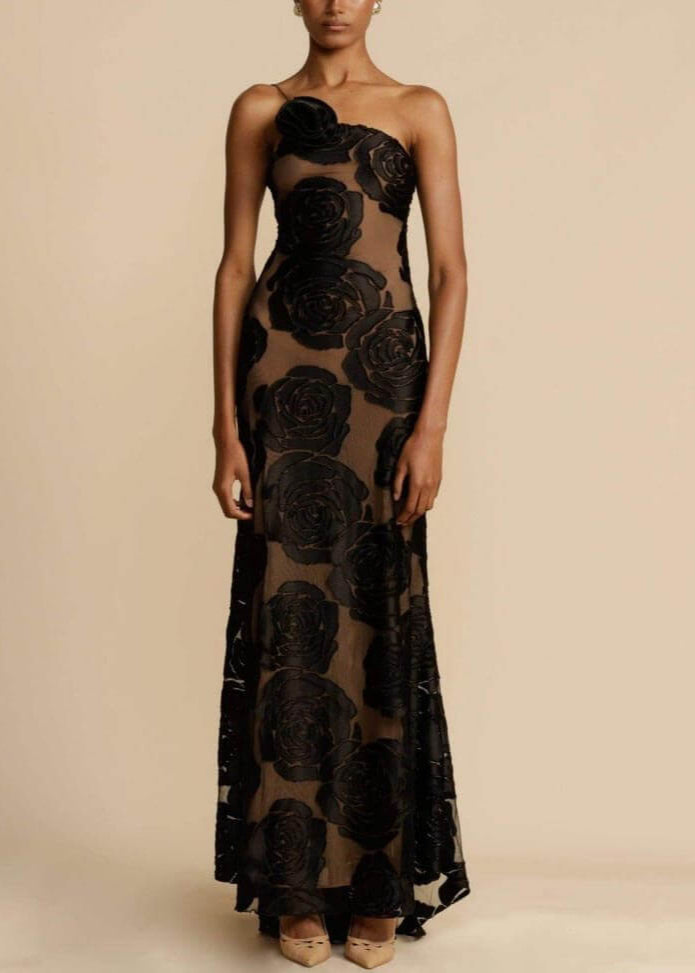 Rose Flower Three-dimensional Burnt Flower Maxi Dress
