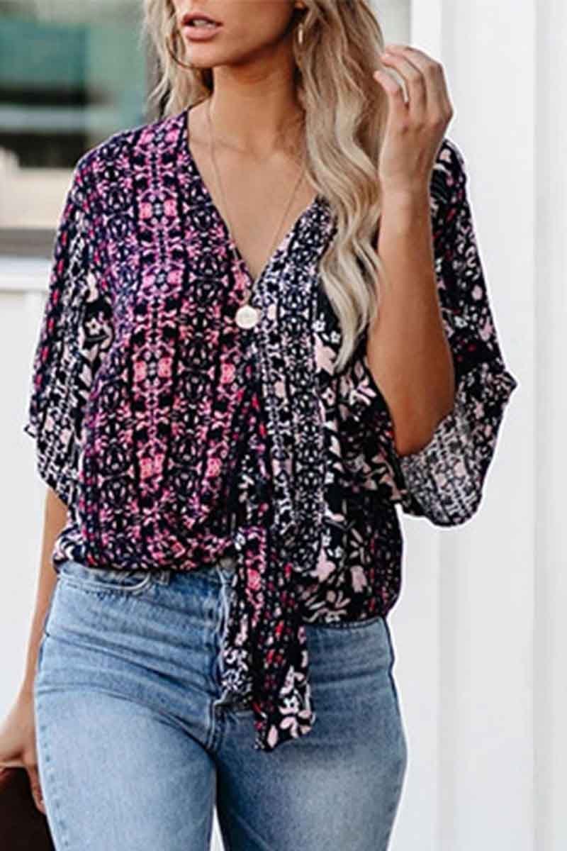 V-neck Printed Knotted Blouse Top
